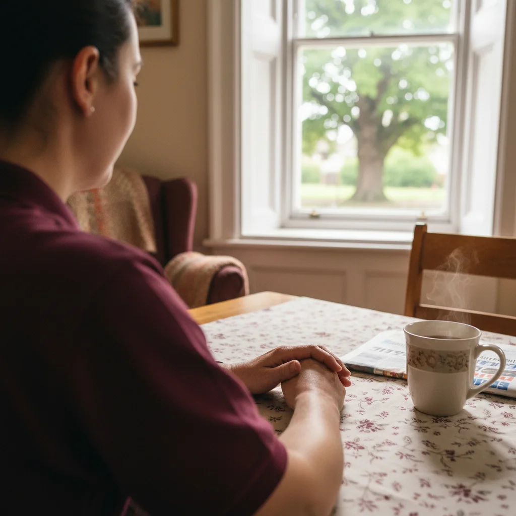 A carer sitting with an older person at their kitchen table in the morning light, hands resting together.