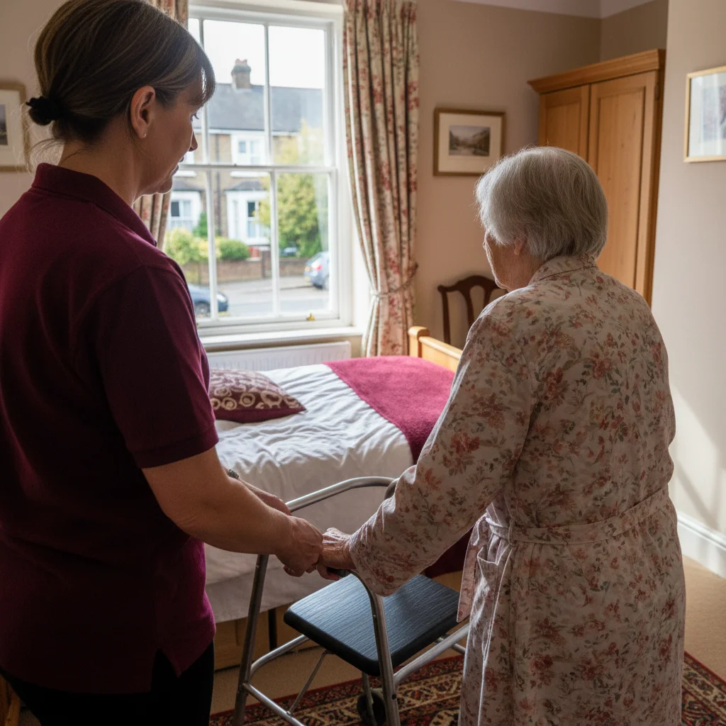 A home carer in a maroon polo shirt steadying an older person at a walking frame in their own bedroom, photographed from behind.