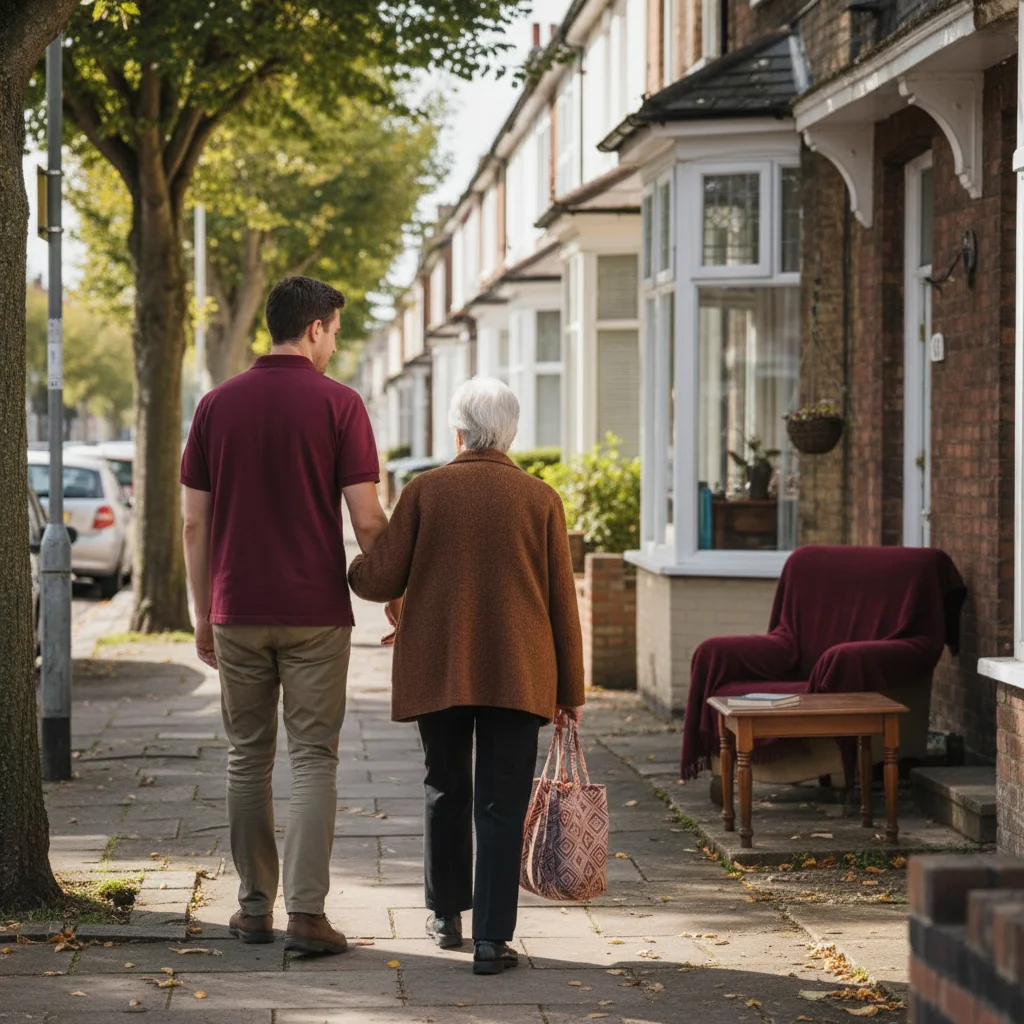 A carer and an older person walking together along a tree-lined Kent street, seen from behind, carrying a shopping bag.