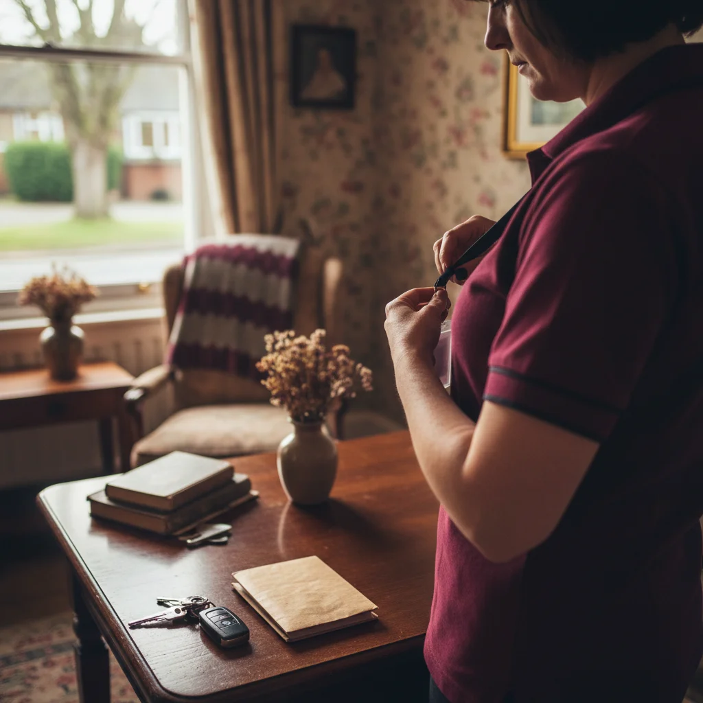 A home carer's hands fastening an ID lanyard by a front door, with car keys and a visit folder on the hall table.